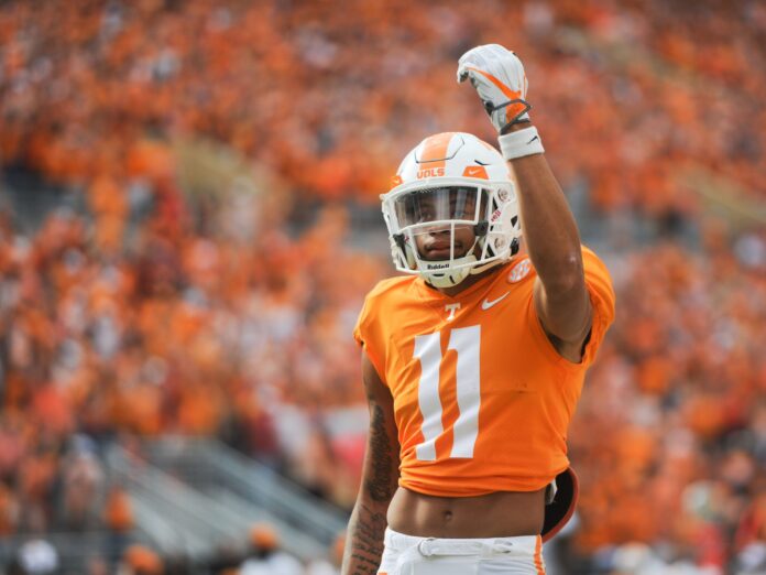 Jalin Hyatt (11) celebrates during a game between Tennessee and Alabama.