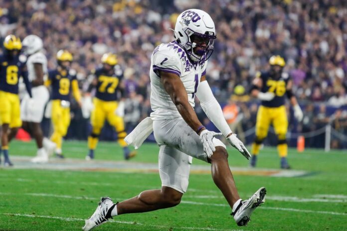 TCU CB Tre'Vius Hodges-Tomlinson celebrates after a play against Michigan in the CFP semifinal.