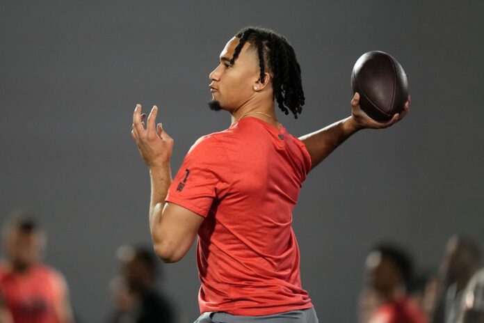 C.J. Stroud throws during Ohio State's Pro Day.