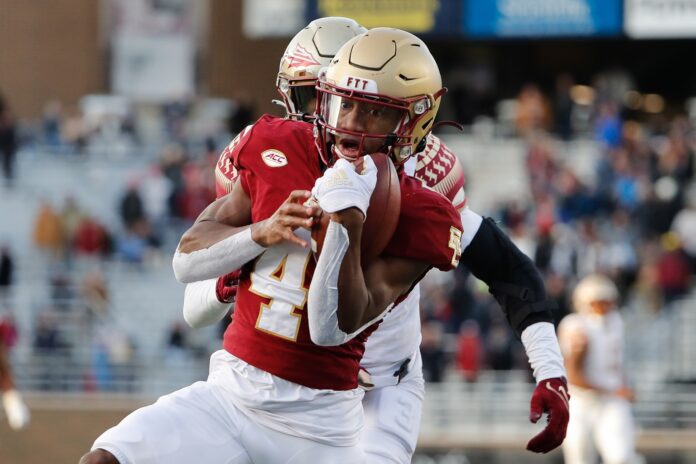 Boston College WR Zay Flowers (4) catches a TD pass against Florida State.
