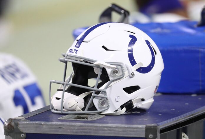 Detailed view of an Indianapolis Colts helmet against the Las Vegas Raiders.