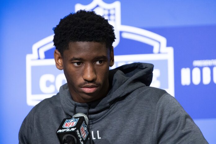 USC WR Jordan Addison talks to the press at the NFL Scouting Combine.