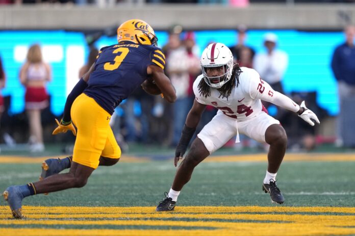 Stanford safety Patrick Fields (24) looks to tackle Cal WR Jeremiah Hunter (3).