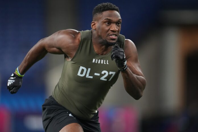 Ikenna Enechukwu participates in drills during the NFL combine at Lucas Oil Stadium.