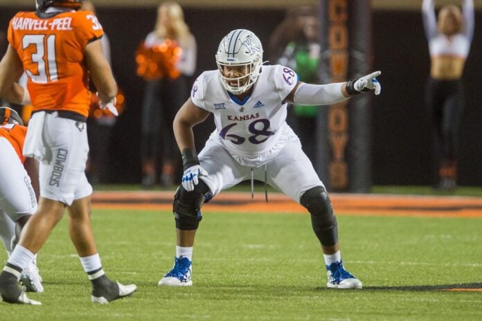 Kansas Jayhawks offensive lineman Earl Bostick Jr. during the second quarter against the Oklahoma State Cowboys.