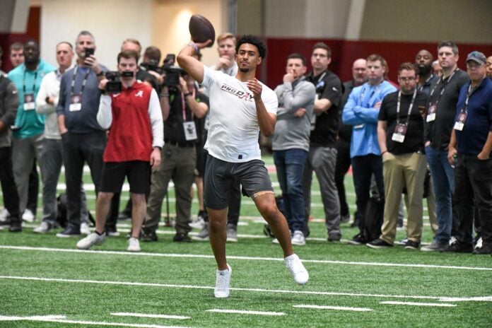 Quarterback Bryce Young throws at the Alabama Pro Day.