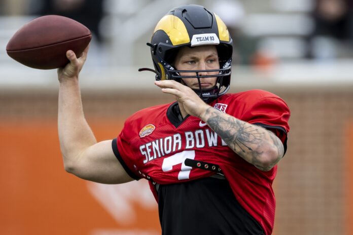 Tyson Bagent of Shepherd practices during the third day of Senior Bowl week.