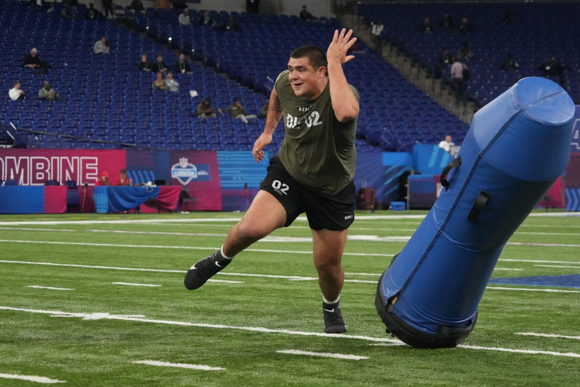 Clemson defensive lineman Bryan Bresee does on-field drills at the 2023 NFL Combine.