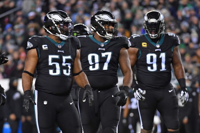 Brandon Graham (55), defensive tackle Javon Hargrave (97) and defensive tackle Fletcher Cox (91) against the New York Giants at Lincoln Financial Field.