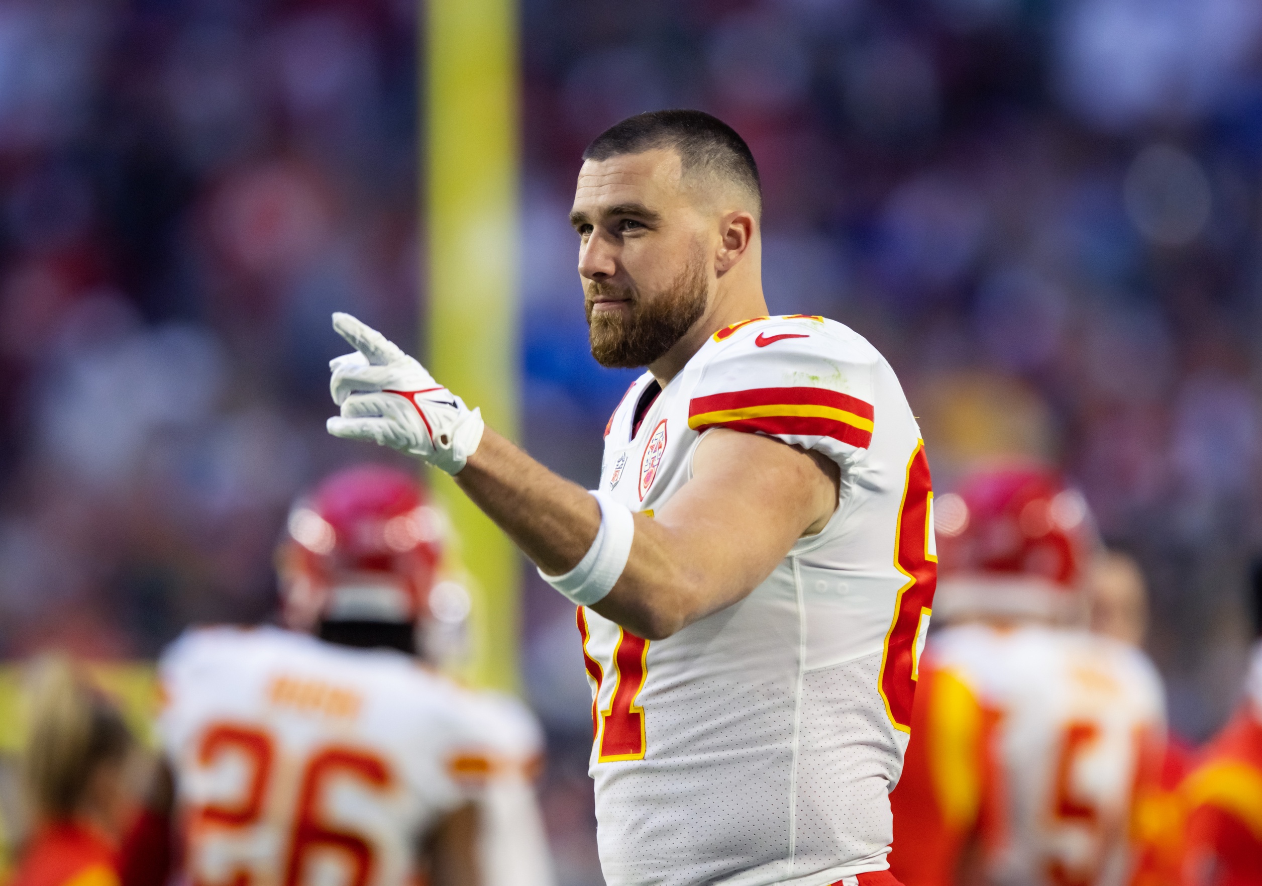 Travis Kelce (87) reacts against the Philadelphia Eagles during Super Bowl LVII at State Farm Stadium.