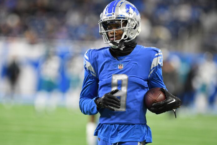 Jameson Williams (9) warms up prior to his first game for the Lions coming off injury against the Jacksonville Jaguars at Ford Field.