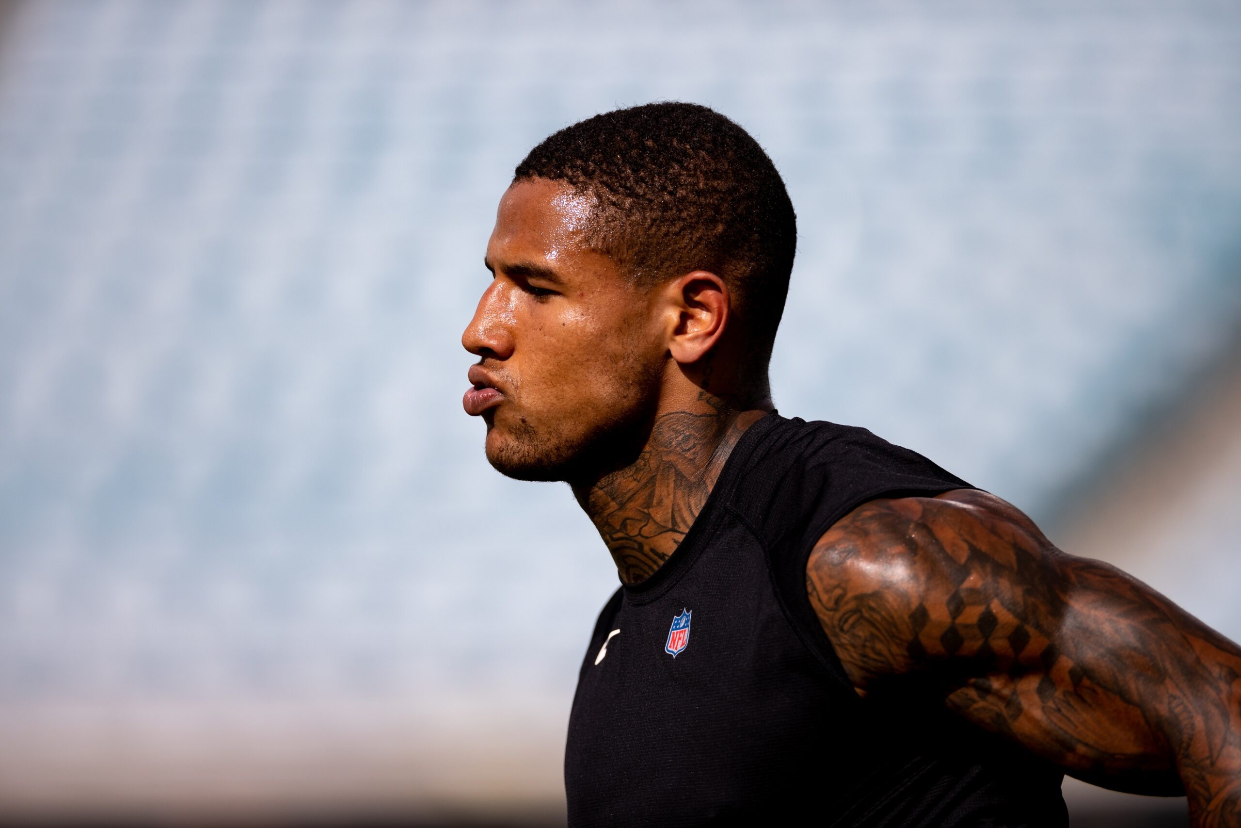 Las Vegas Raiders tight end Darren Waller (83) walks on the field during  the first quarter of a …