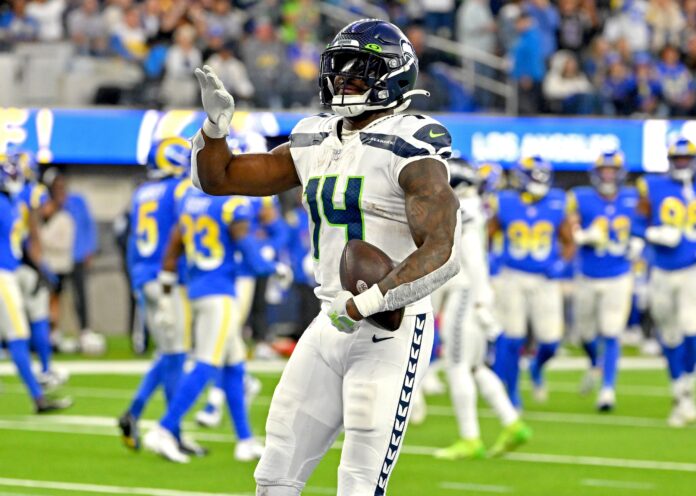 Seattle Seahawks wide receiver DK Metcalf (14) gets set during an