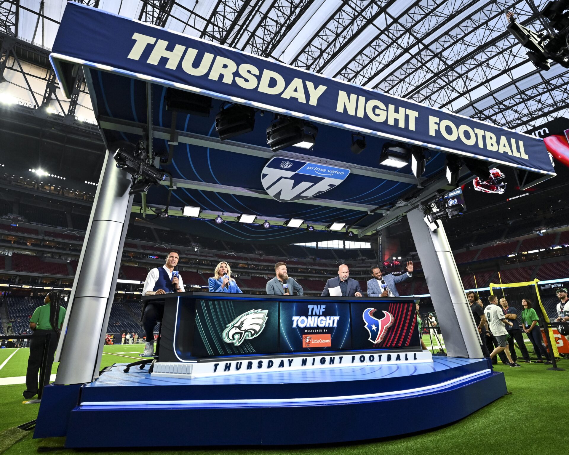 A view of the Thursday Night Football pre-game stage with Tony Gonzalez, Charissa Thompson, Ryan Fitzpatrick, Andrew Whitworth, Richard Sherman (from left to right) prior to the game between the Houston Texans and the Philadelphia Eagles at NRG Stadium.