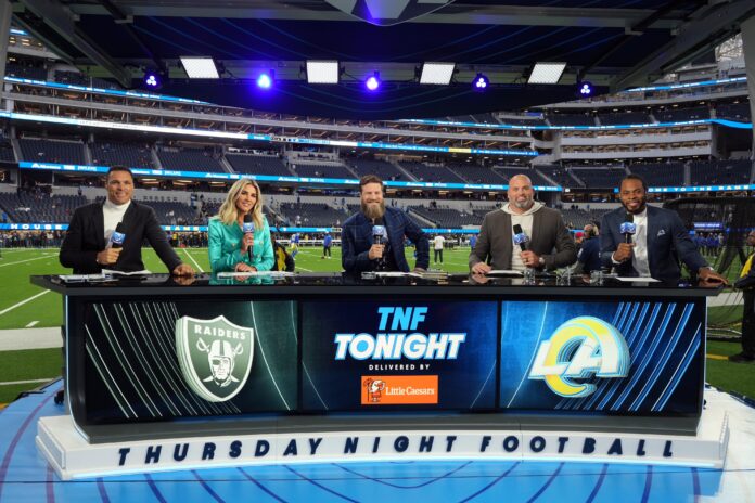 Thursday Night Football broadcasters (from left) Tony Gonzalez, Charissa Thompson, Ryan Fitzpatrick, Andrew Whitworth, and Richard Sherman on the Prime Video set at SoFi Stadium.
