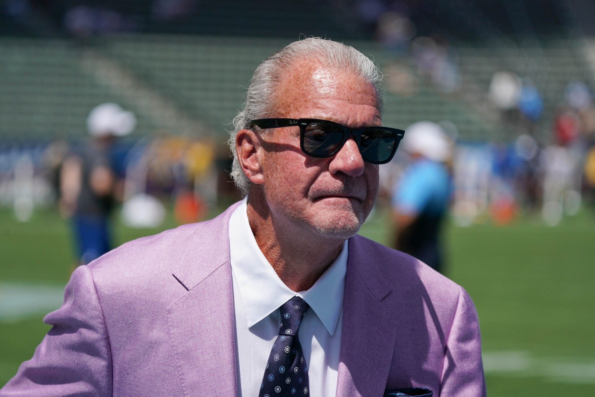 Indianapolis Colts owner Jim Irsay on the field prior to the game against the Los Angeles Chargers.