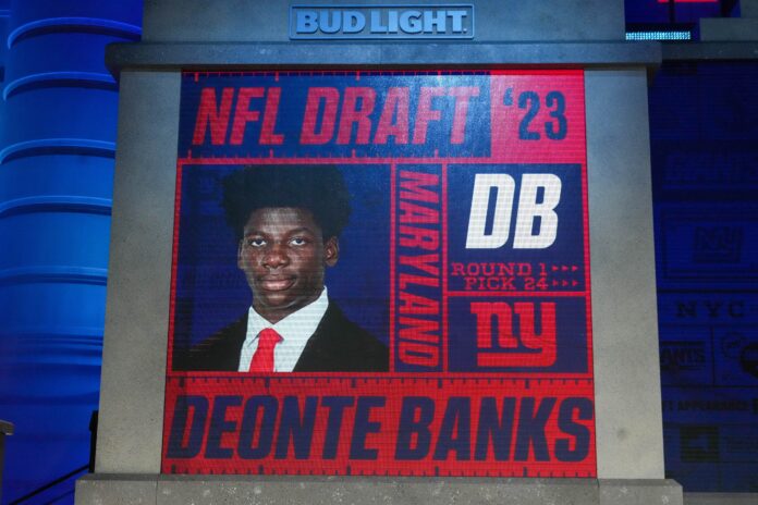 Deonte Banks after being selected by the New York Giants twenty fourth overall in the first round of the 2023 NFL Draft.