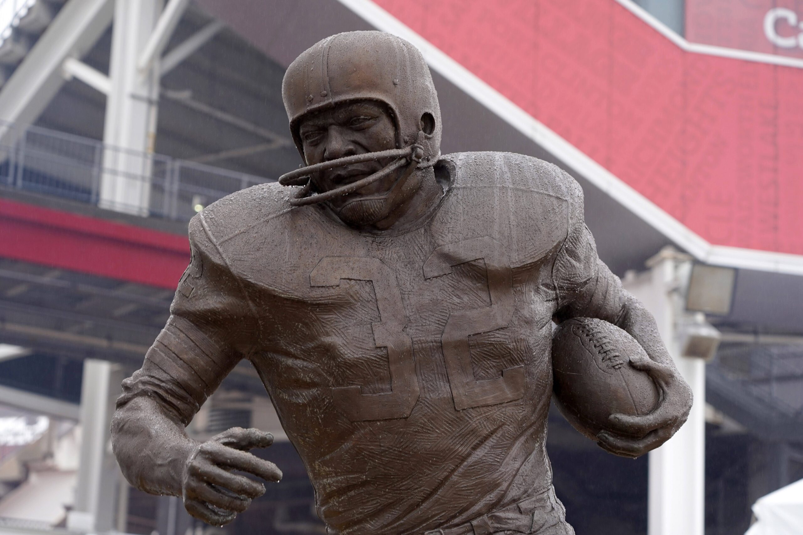 A statue of former Cleveland Browns running back Jim Brown at First Energy Stadium.