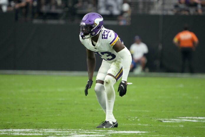 Minnesota Vikings CB Andrew Booth Jr. (23) in his stance during a game against the Raiders.