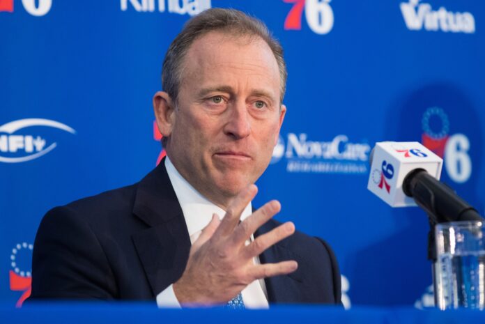 Philadelphia 76ers managing partner Josh Harris speaks to the media during a press conference at the Philadelphia 76ers Training Complex.
