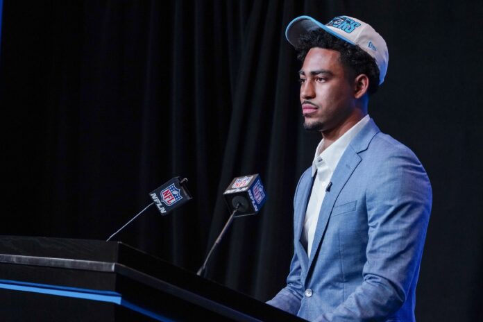 Quarterback Bryce Young answers questions from the media after being selected No. 1 overall by the Carolina Panthers.