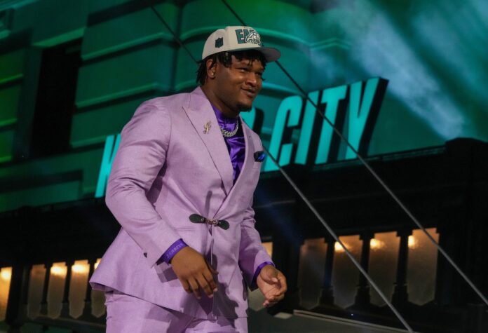 Jalen Carter reacts after being selected by the Philadelphia Eagles ninth overall in the first round of the 2023 NFL Draft at Union Station.