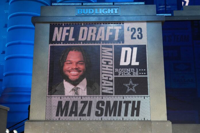 Mazi Smith after being selected by the Dallas Cowboys twenty sixth overall in the first round of the 2023 NFL Draft at Union Station.