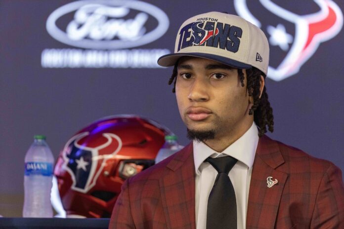 Houston Texans quarterback CJ Stroud, second overall pick in the 2023 NFL Draft, listens to a question at a press conference at NRG Stadium.