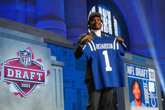Anthony Richardson on stage after being selected by the Indianapolis Colts fourth overall in the first round of the 2023 NFL Draft at Union Station.
