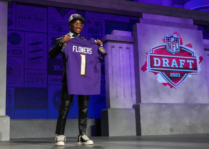 Boston College wide receiver Zay Flowers on stage after being selected by the Baltimore Ravens twenty second overall in the first round of the 2023 NFL Draft.
