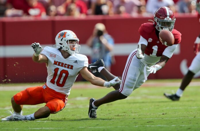Alabama DB Kool-Aid McKinstry (1) picks off a pass intended for Mercer WR Parker Wroble (10).