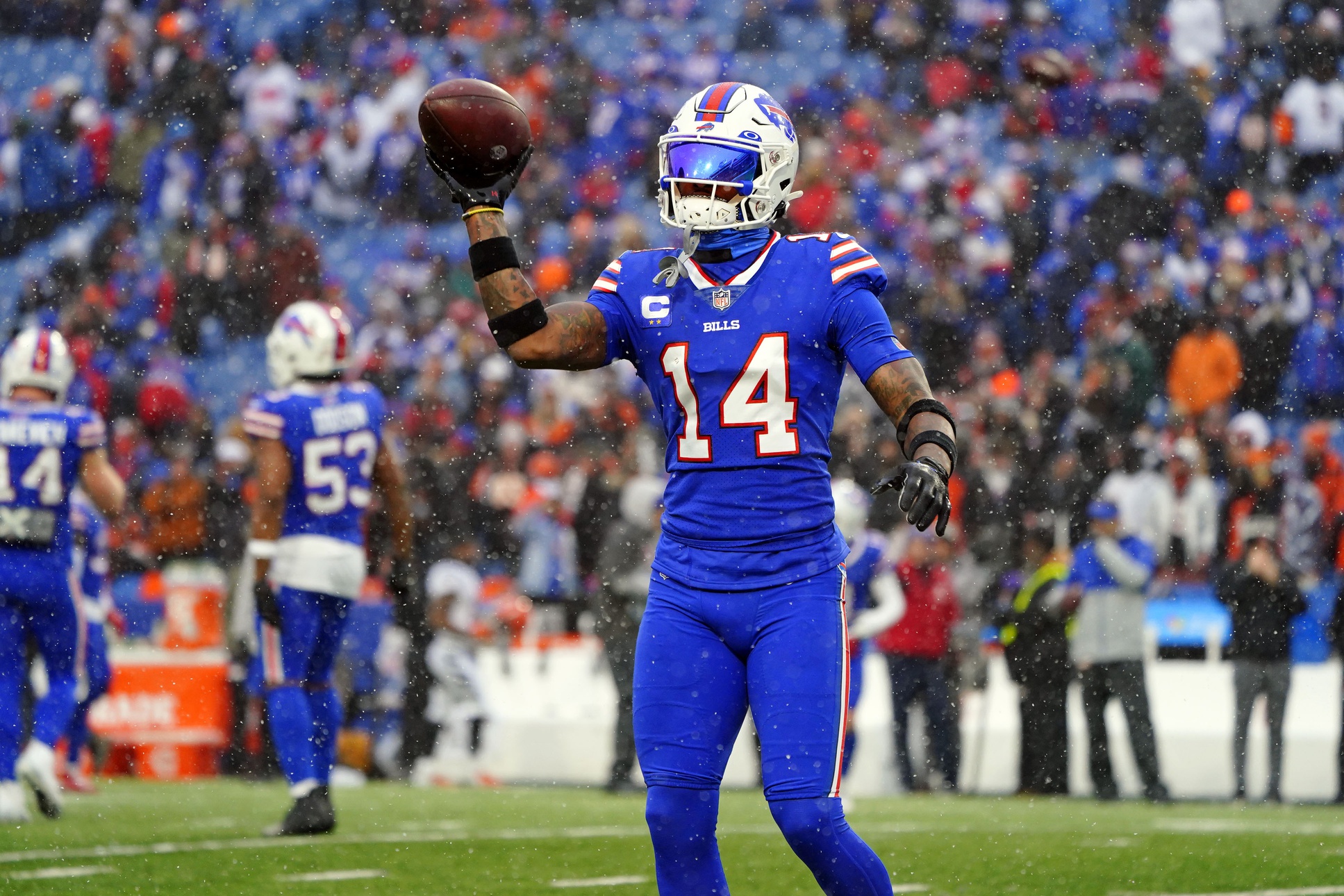 Stefon Diggs (14) during warmups before an AFC divisional round game between the Buffalo Bills and the Cincinnati Bengals at Highmark Stadium.