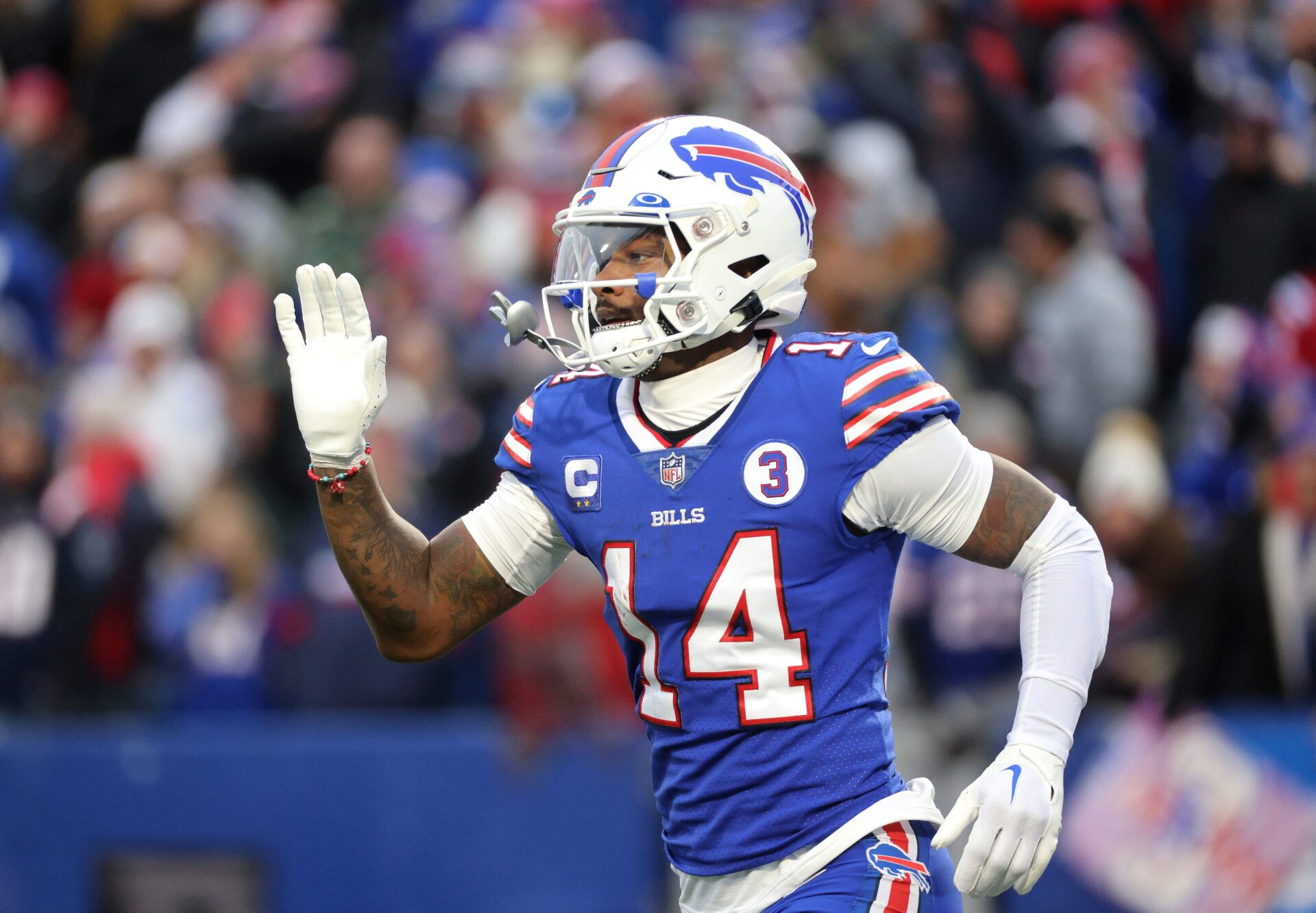 Buffalo Bills WR Stefon Diggs (14) celebrates after a touchdown against the New England Patriots.