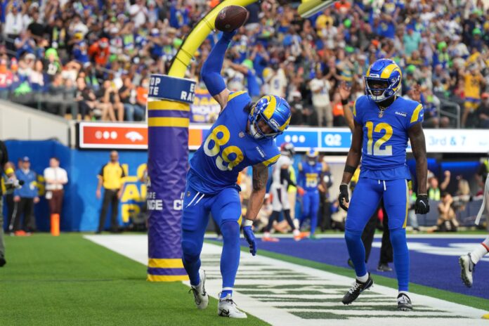 Tyler Higbee of the Los Angeles Rams celebrates a touchdown during