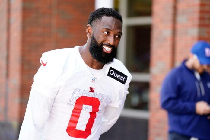 Parris Campbell (0) leaves the field after the organized team activities (OTA's) at the Giants training center.