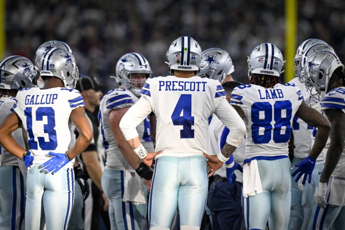 Michael Gallup (13) and quarterback Dak Prescott (4) and wide receiver CeeDee Lamb (88) in the huddle during the game between the Dallas Cowboys and the Philadelphia Eagles.