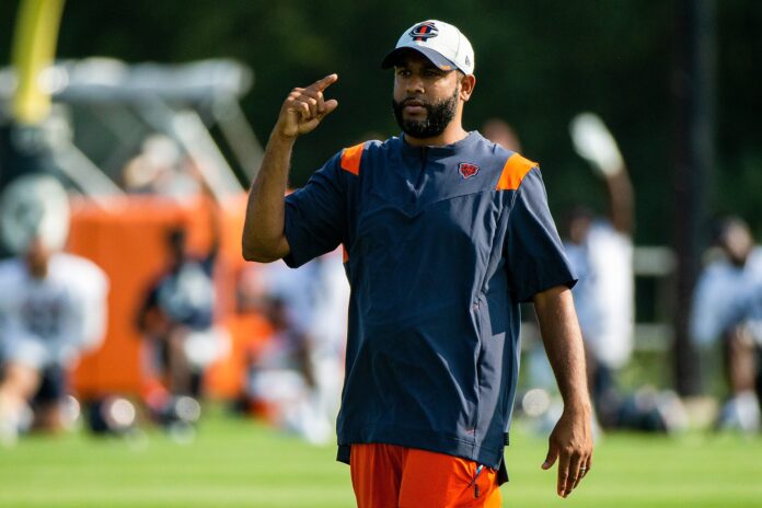 Sean Desai at Chicago Bears practice during his time as the team's defensive coordinator.