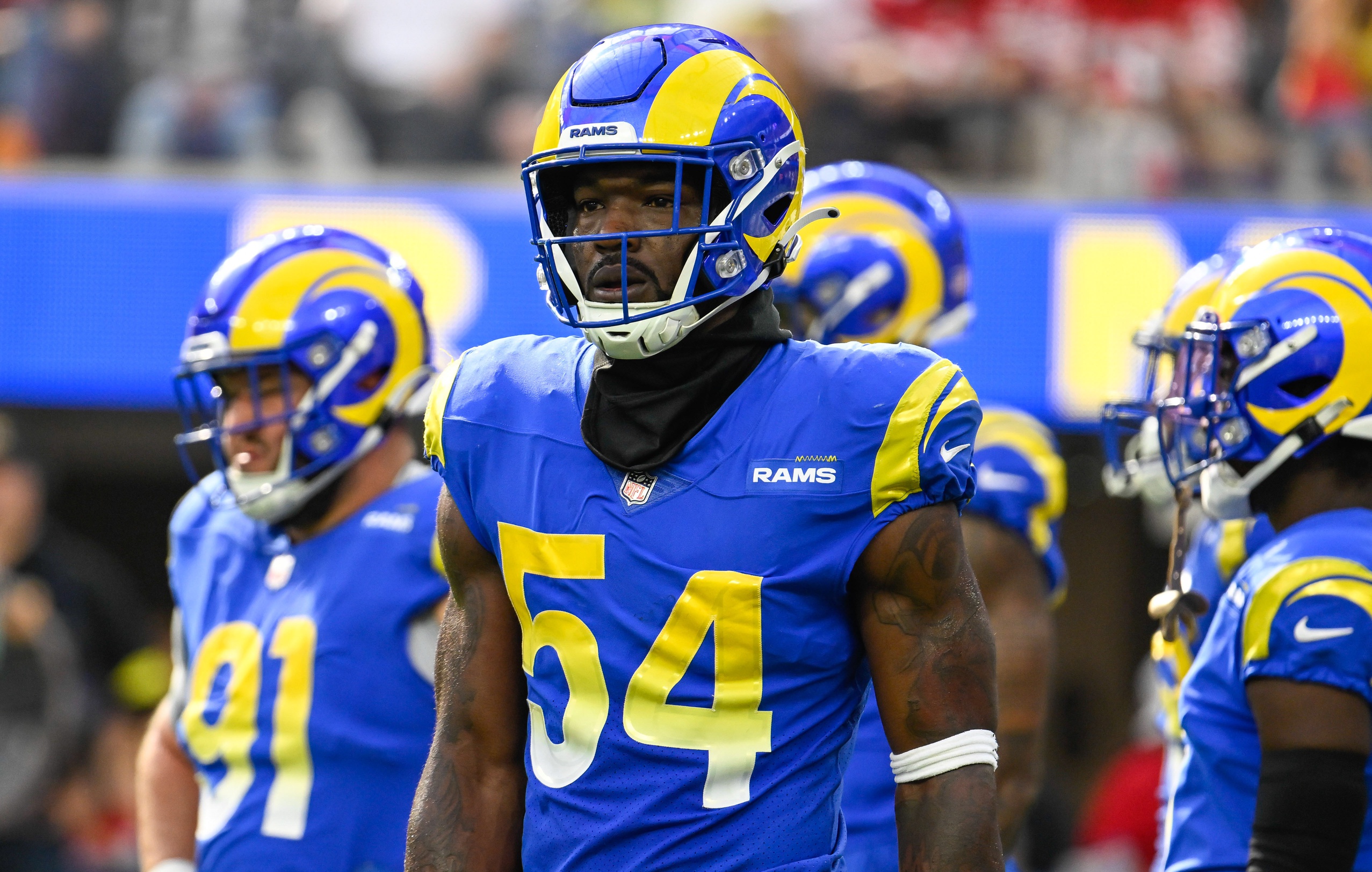 Buffalo Bills defensive end Boogie Basham (55) lines up for a play against  the Green Bay Packers during the first half of an NFL football game,  Sunday, Oct. 30, 2022, in Buffalo