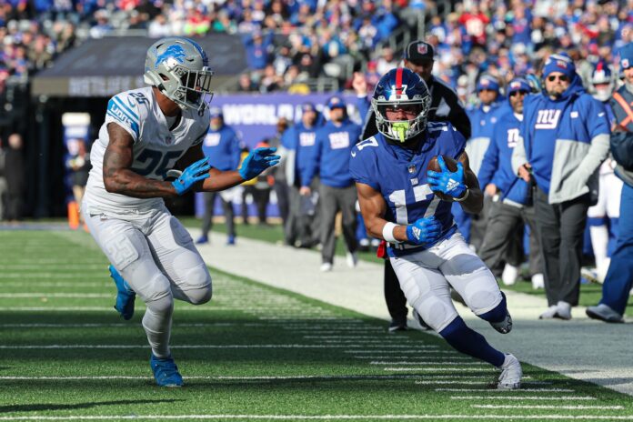 New York Giants WR Wan'Dale Robinson (17) runs after the catch against the Detroit Lions.