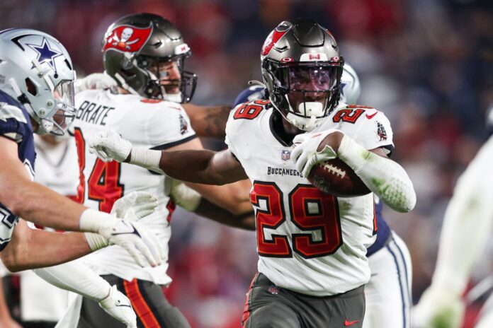 Tampa Bay Buccaneers running back Rachaad White (29) lines up during the  first half of an NFL football game against the Atlanta Falcons, Sunday,  Jan. 8, 2023, in Atlanta. The Atlanta Falcons