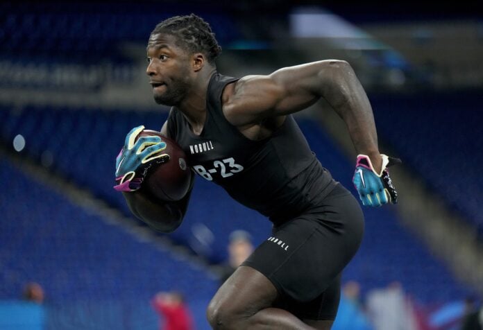 Tyjae Spears (RB23) during the NFL Scouting Combine at Lucas Oil Stadium.