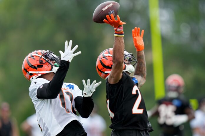 Cincinnati Bengals CB DJ Turner (20) breaks up a pass intended for WR Shedrick Jackson (12) during training camp.