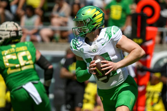 Bo Nix looks to pass as the Oregon Ducks host their annual spring game.
