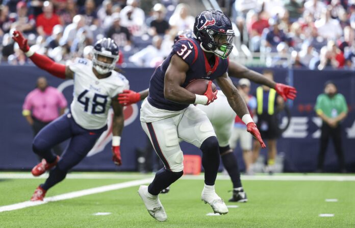 Houston Texans running back Dameon Pierce (31) scores a touchdown against  the Jacksonville Jaguars during the