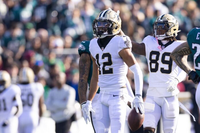 New Orleans Saints WR Chris Olave (12) reacts after a first down against the Philadelphia Eagles.