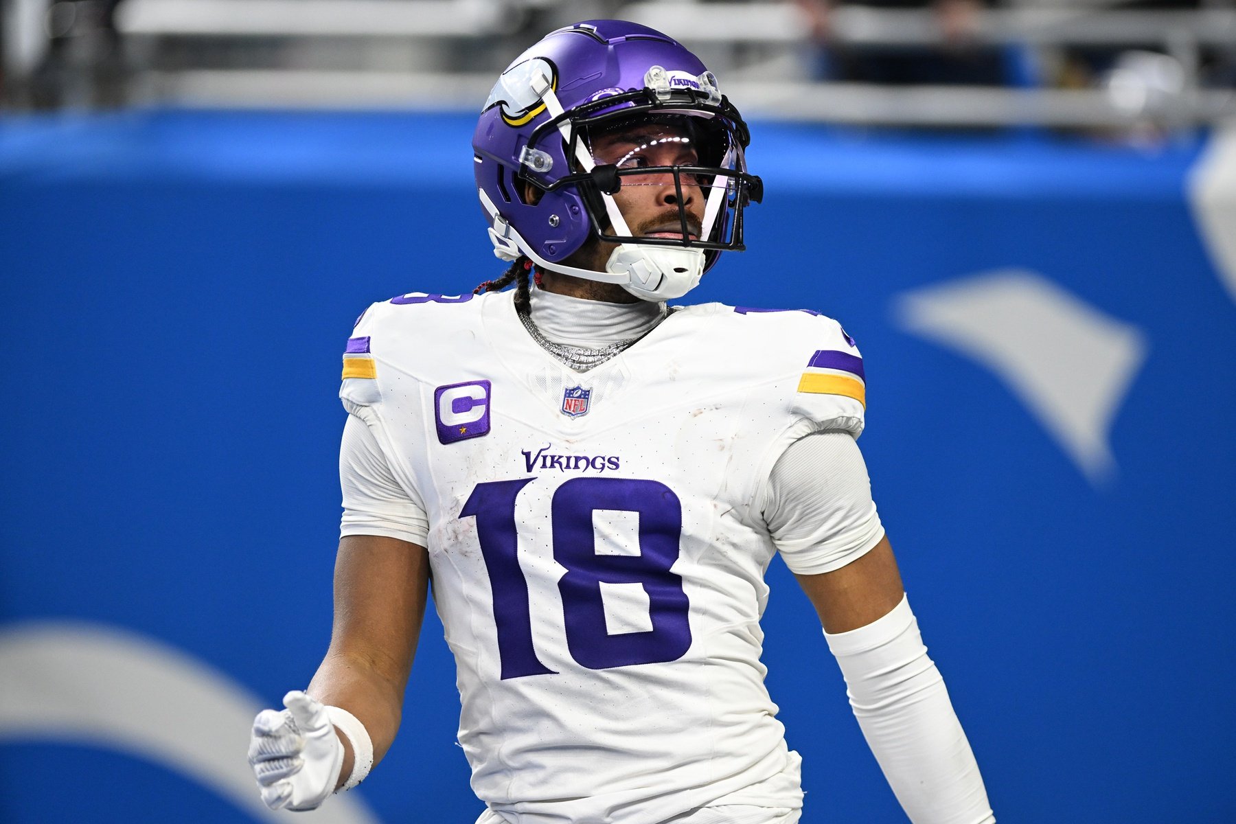 Minnesota Vikings WR Justin Jefferson (18) looks on after scoring a touchdown against the Detroit Lions.