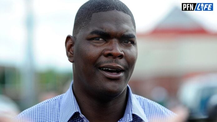 NFL former receiver Keyshawn Johnson talks with the media following the first day of New York Jets training camp at SUNY Cortland.