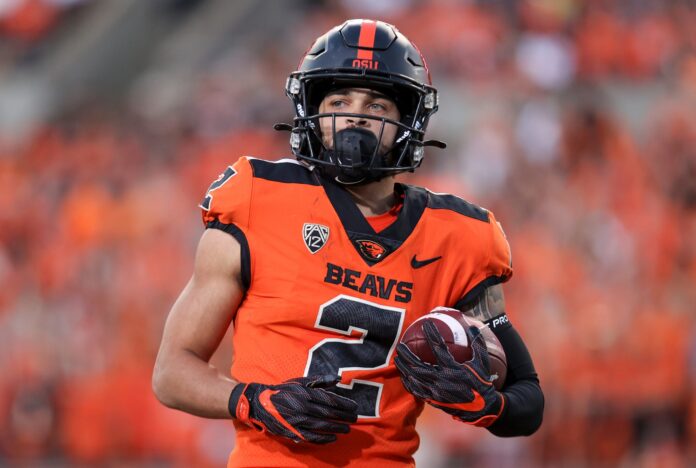 Oregon State wide receiver Anthony Gould (2) runs after calling a fair catch on a punt during the first quarter against Washington State at Reser Stadium at Oregon State University in Corvallis, Ore. on Saturday, Oct. 15, 2022.