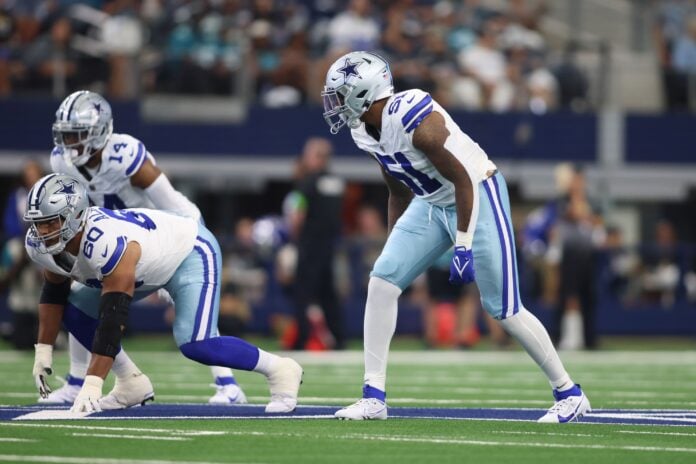 Dallas Cowboys defenders lined up before a play.