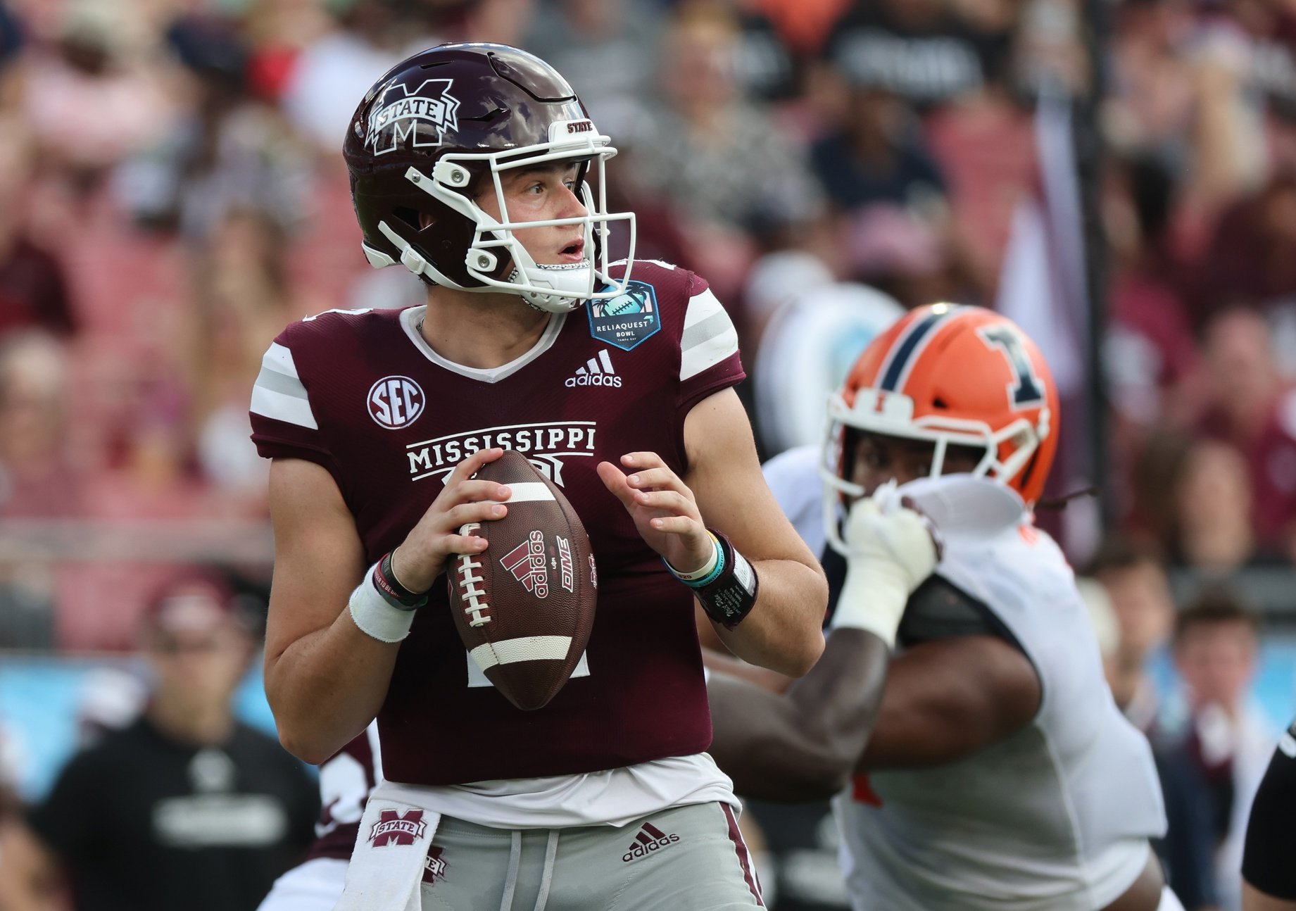 Mississippi State Bulldogs quarterback Will Rogers (2) drops back against the Illinois Fighting Illini during the first half in the 2023 ReliaQuest Bowl at Raymond James Stadium.